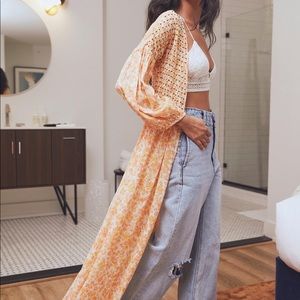Free People Kadence Orange Floral Beaded Maxi Dress Robe Kimono